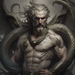 a powerful, striking middle-aged man with the torso of an awesome serpent. He has great wings that can easily create enormous gusts of wind, and his eyes pierce through the hearts of men