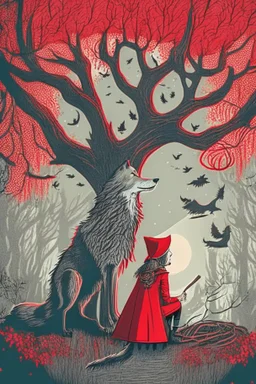 in a cosy vintage style, a witch marvels at a red tree with the big bad wolf watching her