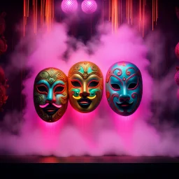 Hyper Realistic Photographic-View of 2-Neon-Lighting-Comedy-Masks-Floating On A Cultural Stage with Cultural-Celebration & Cultural-Ornaments Wall Background With Fog showing Cinematic & Dramatic Ambiance.