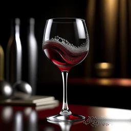 Design an intriguing scene where a wine glass is elegantly bending, as if it's made of a flexible material, while red wine flows gracefully from it, ultimately pouring onto the ground. The wine should form an artistic and captivating pattern as it cascades downward. Ensure that the visual captures the unique and captivating moment of the flexible glass and the flowing wine, making it a focal point of the scene