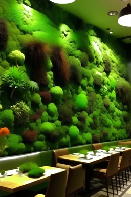 a wall of moss and stabilized plants in the restaurant