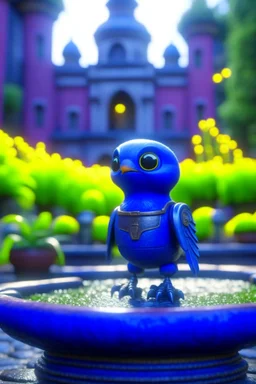 adorable cute chat priest robot with short punk hair and real human reflective eyes, blue fluffy birds by fountain in garden of st. Barbara cathedral, its such a perfect day, motion blur, smoke, 8k, downlight, soft light, depth of field, photorealism, trending on art station, lotsa detail