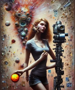 happy beautiful girl holding big proffesional camera in studio. street art, oil on canvas, spray paint, collage, letters, newspapeers, Dave McKean, Vladimir Fedotko, Saturno Butto, Vaughn Bodé, Frank Wu, James C. Christensen, collage, dirty, paint dripping, radiant