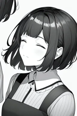 short hair girl, closed eyes, close-up, greyscale