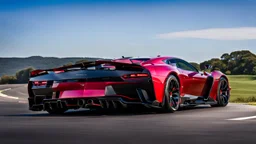 A rear view sleek (((challenger veneno))), with its iconic design and powerful contours, elegantly poised against a (sunny, blue sky, road)