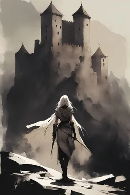 Evil princess-warrior of darkness, ancient castle, mountains, fantasy, by Florian Nicolle
