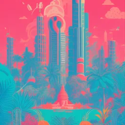 tropical city, latino, plants, streets, risograph poster, flat design, 2 colors