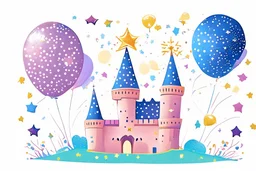 a sparkling star, a castle, elements like balloons and confetti. children book style illustration.