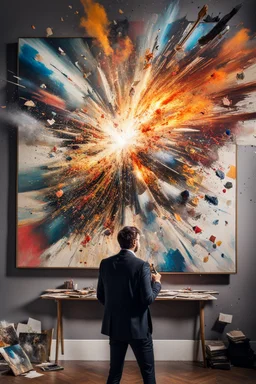 A artist is looking at his canvas painting, the painting is exploding towards him with memories and images that was painted, abstract, weird,8 k, , high quality