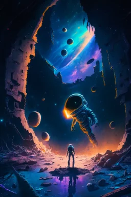 Digital Painting, dark, starry background with a central image of a perplexed astronaut floating in space, surrounded by abandoned alien ruins, Surrealism