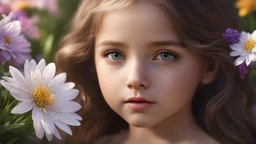 49216. young little girl, head and shoulders and chest, perfect eyes, flowers, exquisite composition, thoughtful, self-assured, confident, beautiful, peaceful, kind, beautiful detailed intricate insanely detailed octane render trending on artstation, 8k artistic photography, photorealistic concept art, soft natural volumetric cinematic perfect light, chiaroscuro, award-winning photograph, masterpiece, raphael, caravaggio, greg rutkowski, beeple, beksinski, alma tadema, Bouguereau