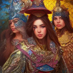 portrait,"Insanely detailed photograph of a gang of warriors", intricate chainmail charo, large colorful Sombrero,elegant cape, highly detailed D20, digital painting, artstation, concept art, smooth, sharp focus, illustration, art by artgerm and greg rutkowski and alphonse mucha, 8 k