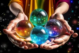 kundalini, connected to the universe, few colours of galaxy, holding galaxies in few hands in glass balls,