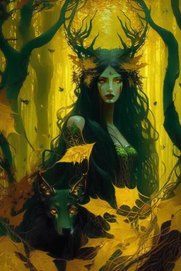 In the heart of a dense and enigmatic forest with towering ancient trees cloaked in emerald, yellow and amber foliage stands an ethereal beauty, her face is perfect, her lustrous hair cascading in ebony waves down to her slender waist in the background the crimson eyes of a large demonic animal are visible