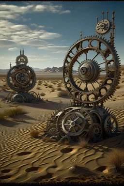 On this arid desert planet, colossal clockwork mechanisms, remnants of a forgotten civilization, dominate the landscape. The anomaly stems from the ancient terraforming experiments of the Remnants, or perhaps an unknown cosmic force, which led to the creation of these intricate clockwork devices. These devices have since fallen into disrepair. , photo-realistic, shot on Hasselblad h6d-400c, zeiss prime lens, bokeh like f/0.8, tilt-shift lens 8k, high detail, smooth render, down-light, unreal eng