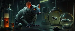1️⃣ Lab Escape "A giant mummy rat with tattered bandages and glowing intelligent eyes hides among metallic lab equipment and glowing vials in a dim futuristic lab. It crouches cautiously, curious but wary. Nearby, a smaller rat is trapped in a glass cage, and another rat floats in a stasis pod. Dramatic chiaroscuro lighting in the style of Rembrandt, with expressive features on the rats, highlighting cleverness and tension."
