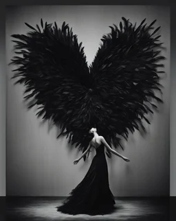 A captivating and surreal artwork featuring a heart-shaped figure entirely composed of sleek, jet-black feathers. Each feather delicately sways and flutters as if caught in a gentle breeze, creating a mesmerizing dance of movement and texture. The backdrop is a seamless expanse of deep, velvety black, accentuating the striking contrast and captivating allure of the feathered heart, which appears to be floating in the vast darkness.