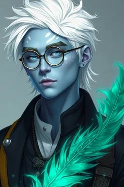 A 27 year old Air Genasi man. Eli is tall and slender with sharp features. His skin is light blue with white freckles and ancestral markings. Eli has white and pupil-less eyes. Eli's hair is mid length, bright white, and wispy like clouds. He wears nice attire in blacks, greys, and yellows, and wears round glasses. Have elemental magic surging around him, as well as an emerald feather behind him, very transparent.