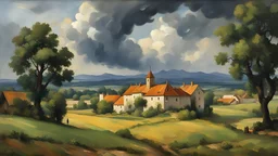 Style Cézanne, rural idyll, agriculture, dream world, thunderstorm, calm beauty, fantasy world, magic, beautiful composition, exquisite detail, superb buildings in the distance