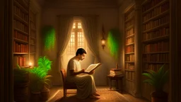 "The image depicts a tranquil and focused scene, featuring an individual engrossed in reading a book within a serene and comfortable environment. This visual captures the essence of personal growth and self-improvement, as the person is absorbed in absorbing inspiring content that contributes to their self-development and knowledge enrichment. The lighting and intricate details create a positive and motivational ambiance, ideal for learning and personal advancement."