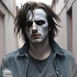 very grainy discolored 2000s photo, closeup portrait, dark night alley with no lights, grunge, extremely gaunt male with chalk-white skin wearing a ripped jeans jacket, animalistic, imposing, guarded, very long and messy hair, scrutinizing look in the eyes, gangrel