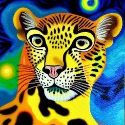 Dibujo al oleo de un leopardo pintado con muchas nubes de colores estilo Vincent van Gogh