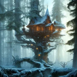 stunning, beautiful treehouse in winter, massive tree, forest, mist, rays of sun, 8k resolution, fine detail, dynamic lighting, fantasy, illustrative, detailed matte painting, sharp focus, greg rutowsky and alphonso mucha