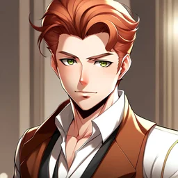 Adult anime man, slicked back copper hair, brown eyes, looking into the camera, front facing, posh outfit,