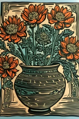 Block print of flowers in a vase