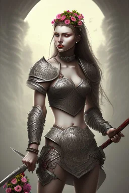 lady warrior with white top and flowers