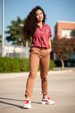 beautiful lady in pants and pretty shirt curvy long hair sport shoes