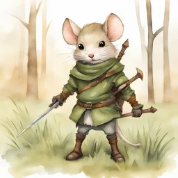 (anthropomorphic lark),small size, mouse guard insp, (blade of green grass sword), watercolor art. cute, winter forest on background, leather armour and straps, paper texture,