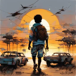 backview of a sunset scene 2 very young African boys walking fast with wire car toys armsembracing shirts and cargo shorts , sabstract beauty within the composition, square faces illuminated by the soft glow of moonlight, dynamic poses, a harmonious blend of Marc Padeu Carne Griffiths' detailed ink work with and Njideka Akunyili's concept of perfect form, captured in a highly detailed digital painting, smooth textures, sharp focus, greyscale palette