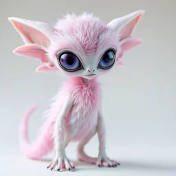 extraterrestrial being, female, pastel pink feathery fur covered body, large lavender eyes, long feathery tail, alien, intricately designed, highly detailed