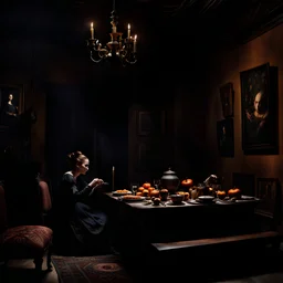 Strong texture, photorealism, Caravaggio, Bronzino, Arcimboldo. Intricate patterns, hypermaximalist. Photo made of inside house, an eerily mysterious, hidden and odd person is eating, a witchy house, sober style, pastel colors. Movie shot, spooky. Sinister scribbles, 33mm photography. Beasts. Dead