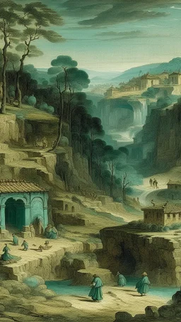 A greenish blue underground mine with a village painted by Giovanni Battista Sassi