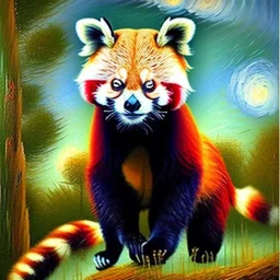 Dibujo al oleo de un panda rojo africano en el bosque con nubes estilo Vincent van Gogh