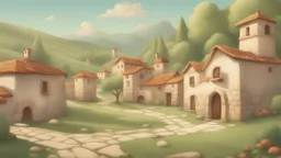Create a cartoonish yet realistic depiction of the serene village where Leonardo lives
