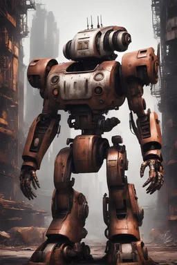 corporate futuristic rusted dark muted rust with white and black accents manual labor, strong, durable AI giant full heavy robot with exposed cyberpunk steampunk elements and detailed markings and logos