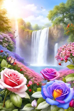 Trés belles roses, rainbows, beautiful colors gardens , flowers, cascades,Birds, butterfly
