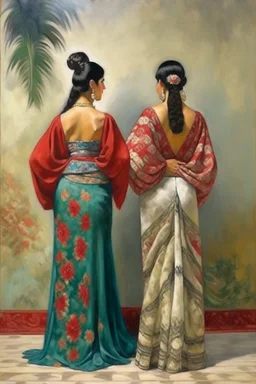 2 mexican woman painting neoclassism standing from the back whole body zoom out