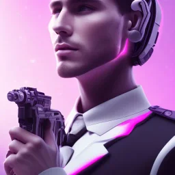 handsome man, cute man, handsome man in futuristic suits, black and white highlight hair color, pink and purple background, pink lighting, deep purple backlighting, gun, smoke, robot suits