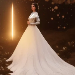 model shoot style, digital art portrait of (Princess Leia) ((dressed in white and gold gown)), surrounded by stars, ultra-detailed, ultra quality, ((official character art)), (dark fantasy), illustration, eerie atmosphere, 8k, cinematic lighting, bokeh