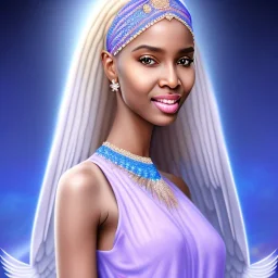 portrait of a beautiful somalian woman with an angel face smiling,long blond hair, blue eyes, pink and blue dress, jewels, soft light aura