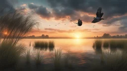 Hyper Realistic Beautiful Cloudy Sunset Lakeside with bird sitting on a tree-branch with tall grass whirling-on-wind showing dramatic & cinematic ambiance