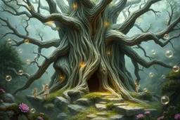 story book stunning fantasy picture of ancient Tree Ent, little Fairies around floating, shiny bubbles, nice european pale colors fairies, detalied, masterpiece,random background , epic, fantasy style, movie characters, fantasy atmosphere