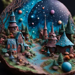 Detailed creepy landscape made of modeling clay, fairy tale, people, village, stars and planets, Roger Dean, naïve, Tim Burton, strong texture, Ernst Haekel, extreme detail, Max Ernst, decal, rich moody colors, sparkles, bokeh