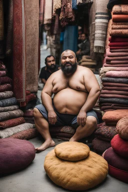 close up photography of a burly chubby strong 39-year-old turk man in Istanbul bazaar, shirtless, selling carpets sitting on a pile of carpets, biig shoulders, manly chest, very hairy, side light, view from the ground