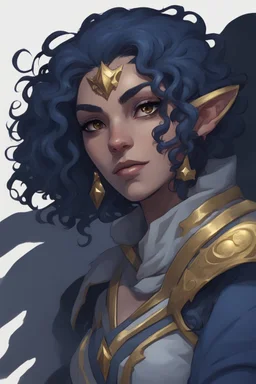 Dnd character on her knees in a dark cave. A female Moonelf twilight cleric with super curly, super short, dark blue hair and golden eyes. Wearing grey robes. Muscular, broad, beautiful.