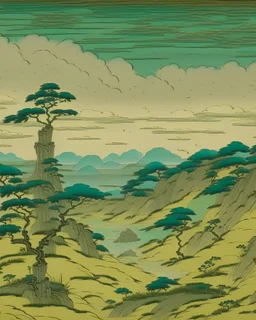A bluish green arid stretch of land in a thunderstorm designed in medieval tapestry painted by Utagawa Hiroshige
